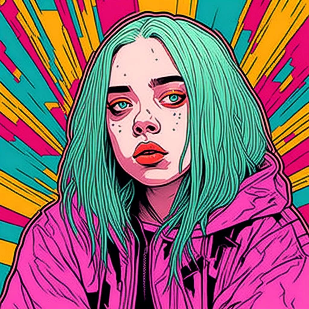 Prompt: Colorful digital illustration <mymodel>Billie Eilish - bad guy 