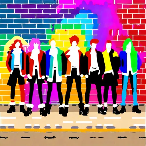 Prompt: group of young punks, clad in ripped leather jackets, tartan kilts, and Doc Martens boots, stand with a rebellious air in front of a vibrantly painted brick wall. The wall explodes with a riot of rainbow colors, adorned with graffiti that declares messages of defiance and social change. Imagine the scene rendered in the detailed precision of Boris Vallejo, yet infused with the meticulous pointillism style. Click to open the ultrafine detailed artwork, where every dot meticulously contributes to a vibrant explosion of color. The RGB spectrum is pushed to its limits, creating a scene that pulsates with electrifying energy. Each individual punk's expression is captured with precise detail, their gazes focused and intense, reflecting the rebellious spirit of both London and Amsterdam's punk scene. The lighting is professional, highlighting the unique details of their clothing and the weathered texture of the brick wall.

Style:

Boris Vallejo (precision, detail)
Pointillism (ultra-detailed dots)
RGB colors (vibrant, saturated)
High-resolution
Precisionist style (emphasis on geometric shapes)
Professional light.<mymodel>