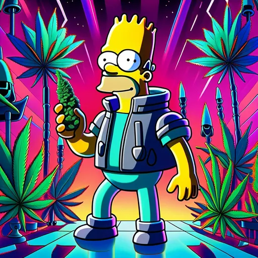 Prompt: Anime by Matt Groening, illustration of Simpson caractère with cannabis outfit  by Matt Groening; futuristic sci-fi setting, detailed characters, colorful and vibrant, highres, anime by Matt Groening, sci-fi, futuristic, detailed characters, vibrant colors, professional  Matt Groening, dynamic lighting<mymodel>