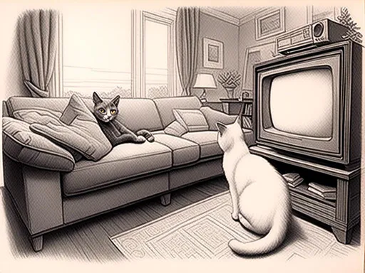 Prompt: <mymodel> a cat shows a cat on the living room television drawing of a contented cat enjoying, inked, detailed fur with subtle highlights, tranquil ambiance, high quality, charcoal drawing, realistic, detailed, contented cat, a cat shows a cat on the living room television, tranquil ambiance