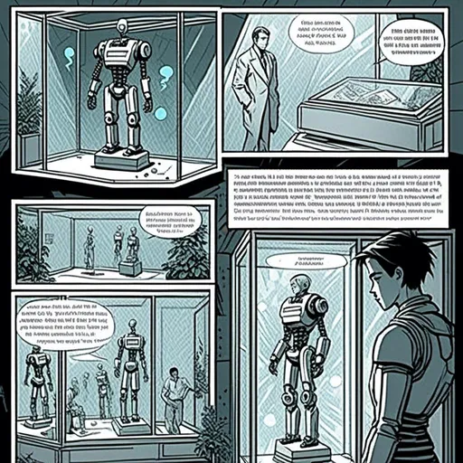 Prompt: <mymodel>a robot standing next to a machine in a glass case with a man inside of it, Artgerm, panfuturism, ex machina, concept art robot stortelling of  panels of comic for manga, with speech bubbles. white and empty Speech bubbles, double page, surreal atmosphere, symbolic representation, high contrast, deep shadows, monochromatic, digital rendering, high quality, minimalist, conceptual art, graffiti style, abstract, surreal, symbolic, atmospheric lighting, comic édition. full strory comic love robot, white and empty Speech bubbles, stortelling  a robot standing next to a machine in a glass case with a man inside of it, Artgerm, panfuturism, ex machina, concept art