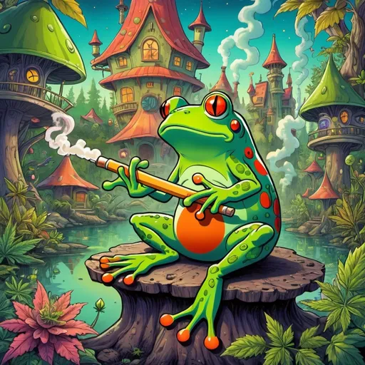 Prompt: prompt de base : Cartoon illustration "  le bœuf chie une frensh frog
" with basmoking big joint with friends and big cannabis, vibrant and colorful, whimsical fantasy setting, intricate details, high quality, misc-manga, fantasy, vibrant colors, intricate design, magical atmosphere.
