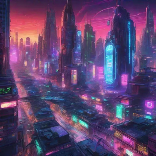 Prompt: Vibrant digital illustration of a bustling futuristic cityscape, neon-lit streets, towering skyscrapers, flying vehicles, holographic billboards, ultra-detailed cyberpunk style, cool tones, futuristic city, neon-lit, bustling streets, detailed skyscrapers, flying vehicles, holographic billboards, vibrant atmosphere, highres, professional, atmospheric lighting