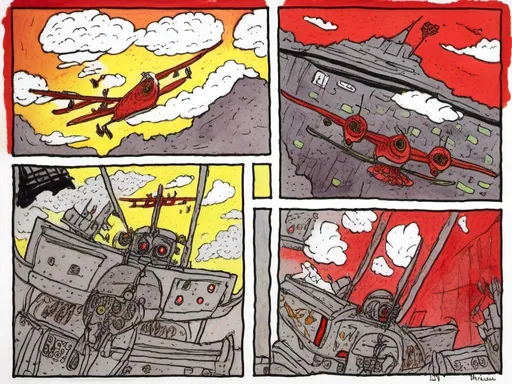 Prompt: <mymodel>abstract<mymodel>steampunk comic featuring red baron shoot a plane detailed inked panels, special edition storytelling, high-quality, professional, sci-fi, futuristic, intense action, vivid colors, dynamic composition, atmospheric lighting, detailed, panels, professional inking