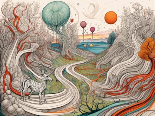 Prompt: <mymodel>Surrealist illustration of a dreamlike landscape, vibrant and otherworldly, swirling patterns and abstract shapes, fantastical creatures and plants, intricate and detailed, best quality, highres, ultra-detailed, surrealism, dreamlike, vibrant colors, abstract shapes, fantastical creatures, intricate details, surreal lighting