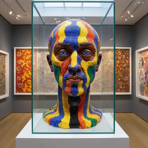 Prompt: a man made of colored beads and plastic beads is shown in a museum display case with a glass wall behind him, Damien Hirst, neo-fauvism, claymation, a marble sculpture