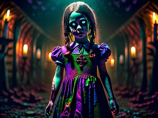 Prompt: full body shot, Little chaotic evil insane living dead girl with rotting pale flesh in a beautiful out of place dress, eerie atmospheric lighting, psychedelic  color tones, horror, detailed facial features, highres, ultra-detailed, Lovecraftian, eerie, sinister, haunting lighting, divine madness, holy killer, little Goddess of death. longing, madness, nothing love, holy death girl, smiling from ear to ear, glowing white eyes with ethereal trails, extreme emotion, If you are reading this I love you so much.<mymodel>