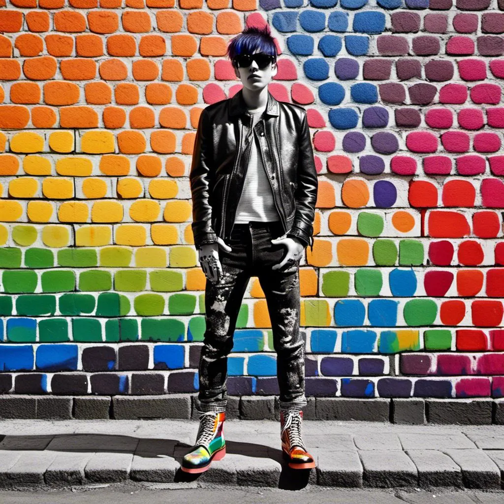 Prompt: 
Pointillism (ultra-detailed dots)
BLACK AND WHITE colors (MUTED)
SHADOWS High-resolution
Professional light
youngS punks, clad in ripped IMPRIMED leather jackets, IMPRIMED  tartan JEANS, and IMPRIMED  Doc Martens boots, stand with a rebellious air in front of a painted brick wall. The wall explodes with a riot of rainbow colors, adorned with graffiti that declares messages of defiance and social change. Imagine the scene rendered in the detailed, pointillism style. creating a scene that pulsates with electrifying energy. Each individual punk's expression is captured with precise detail, their gazes focused and intense, reflecting the rebellious spirit of both London and Amsterdam's punk scene 1975. The lighting is professional, highlighting the unique details of their clothing and the weathered texture of the brick wall.

<mymodel>