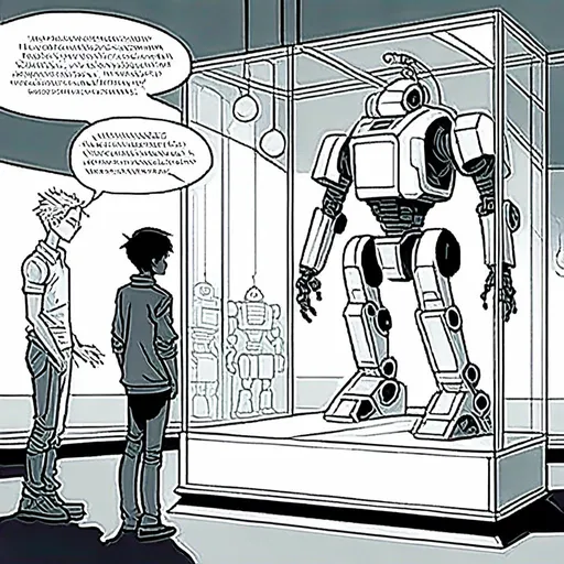 Prompt: <mymodel>a robot standing next to a machine in a glass case with a man inside of it, Artgerm, panfuturism, ex machina, concept art robot stortelling of  panels of comic for manga, with speech bubbles. white and empty Speech bubbles, double page, surreal atmosphere, symbolic representation, high contrast, deep shadows, monochromatic, digital rendering, high quality, minimalist, conceptual art, graffiti style, abstract, surreal, symbolic, atmospheric lighting, comic édition. full strory comic love robot, white and empty Speech bubbles, stortelling  a robot standing next to a machine in a glass case with a man inside of it, Artgerm, panfuturism, ex machina, concept art