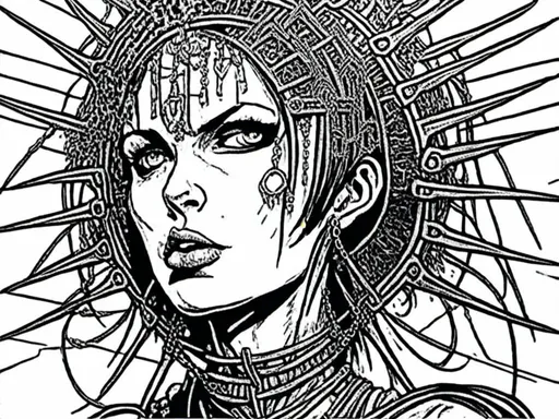 Prompt: <mymodel>detailed inked panels, special edition storytelling, high-quality, professional, real, intense actionteenage female cenobite with face covered in symmetrical metal blades and machines. insane laughter, dead, dead white eyes, Goddess of love and pain, divine madness, detailed facial expression, suspended in air by chains coming out of her body, ultra fine details, masterpiece