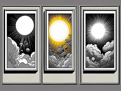 Prompt: <mymodel>Abstract arrangement of three panels of comic, surreal atmosphere, symbolic representation, high contrast, deep shadows, monochromatic, digital rendering, high quality, minimalist, conceptual art, graffiti style, abstract, surreal, symbolic, atmospheric lighting, comic édition.