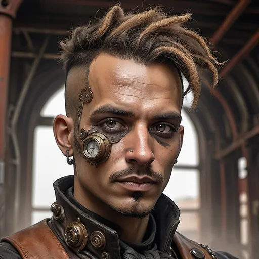 Prompt: Character portrait in steampunk artstyle, man with a weird face and nose, black nose ring, Enki Bilal, neo-primitivism, punk, detailed facial features, rusty metallic tones, industrial setting, retro-futuristic elements, steampunk aesthetic, eccentric character, highres, detailed, steampunk, rusty tones, industrial, retro-futuristic, detailed facial features, eccentric, character portrait