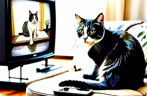 Prompt: <mymodel> a cat shows a cat on the living room television drawing of a contented cat enjoying, inked, detailed fur with subtle highlights, tranquil ambiance, high quality, charcoal drawing, realistic, detailed, contented cat, a cat shows a cat on the living room television, tranquil ambiance