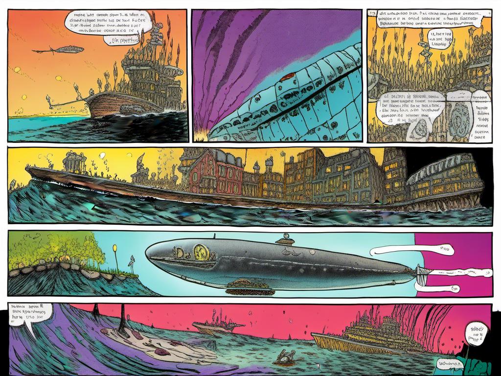 Prompt: <mymodel>steampunk comic featuring the Nemo submarine, detailed inked panels, special edition storytelling, high-quality, professional, sci-fi, futuristic, intense action, vivid colors, dynamic composition, atmospheric lighting, detailed, panels, professional inking