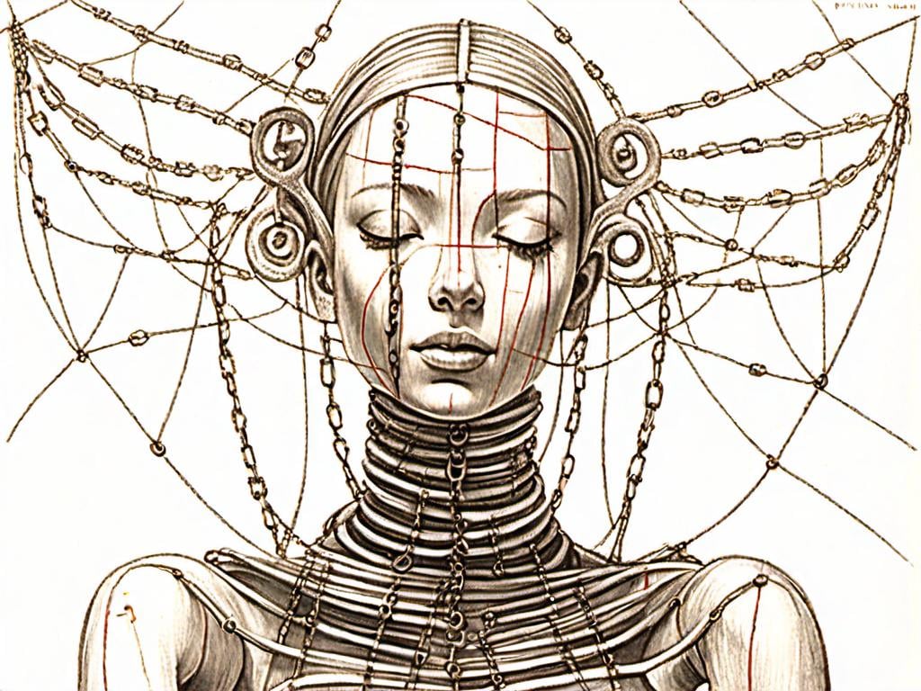 Prompt: <mymodel> teenage female cenobite with face covered in symmetrical metal blades and machines. insane laughter, dead, dead white eyes, Goddess of love and pain, divine madness, detailed facial expression, suspended in air by chains coming out of her body, ultra fine details, masterpiece