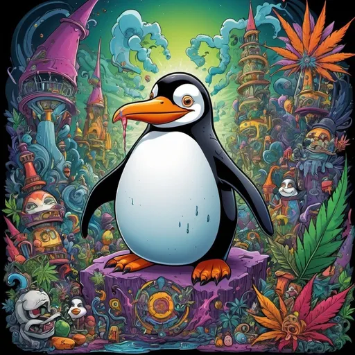 Prompt: prompt de base : Cartoon illustration "un pinguin du chaos
" with basmoking big joint with friends and big cannabis, vibrant and colorful, whimsical fantasy setting, intricate details, high quality, misc-manga, fantasy, vibrant colors, intricate design, magical atmosphere.
