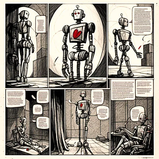 Prompt: <mymodel>love robot stortelling of  panels of comic for manga, double page, surreal atmosphere, symbolic representation, high contrast, deep shadows, monochromatic, digital rendering, high quality, minimalist, conceptual art, graffiti style, abstract, surreal, symbolic, atmospheric lighting, comic édition. full strory comic love robot stortelling 