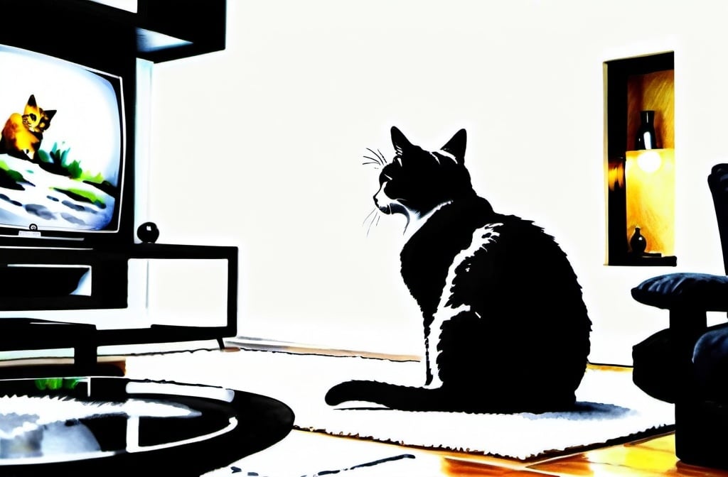 Prompt: <mymodel> a cat shows a cat on the living room television drawing of a contented cat enjoying, inked, detailed fur with subtle highlights, tranquil ambiance, high quality, charcoal drawing, realistic, detailed, contented cat, a cat shows a cat on the living room television, tranquil ambiance