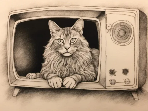 Prompt:  <mymodel> a cat shows a cat on the living room television drawing of a contented cat enjoying, inked, detailed fur with subtle highlights, tranquil ambiance, high quality, charcoal drawing, realistic, detailed, contented cat, a cat shows a cat on the living room television, tranquil ambiance