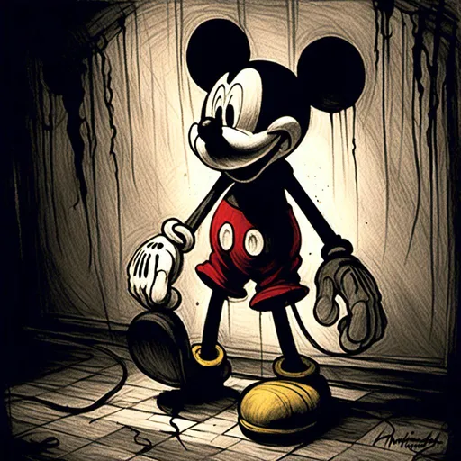 Prompt: <mymodel>Creepy, unsettling illustration of Mickey Mouse, dark and eerie ambiance, eerie details, high quality, detailed shadows, horror, sinister, disturbing, eerie lighting, surreal, unsettling atmosphere, dark tones, menacing, suspenseful, detailed, haunting, ominous