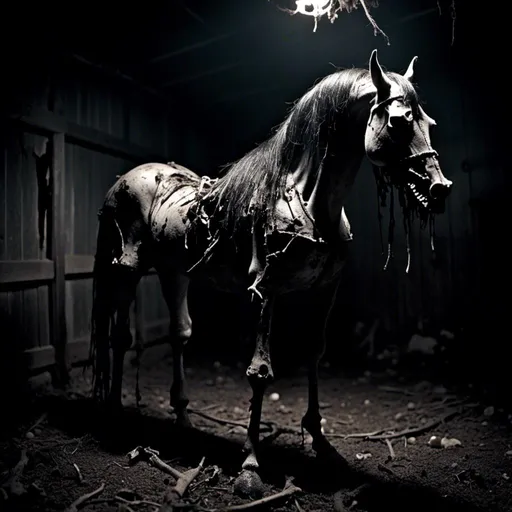 Prompt: Decaying horse, dark and eerie atmosphere, gloomy setting, macabre style, rotting flesh, haunting presence, eerie lighting, high contrast, unsettling details, visceral textures, eerie shadows, horror, gothic, distorted features, unsett<mymodel>ling, surreal, highres, eerie tones, visceral, atmospheric lighting