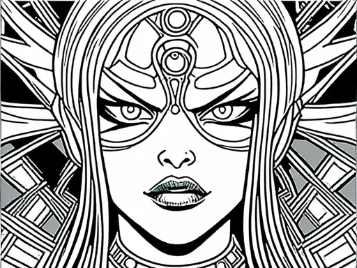 Prompt: <mymodel>detailed inked panels, special edition storytelling, high-quality, professional, real, intense actionteenage female cenobite with face covered in symmetrical metal blades and machines. insane laughter, dead, dead white eyes, Goddess of love and pain, divine madness, detailed facial expression, suspended in air by chains coming out of her body, ultra fine details, masterpiece