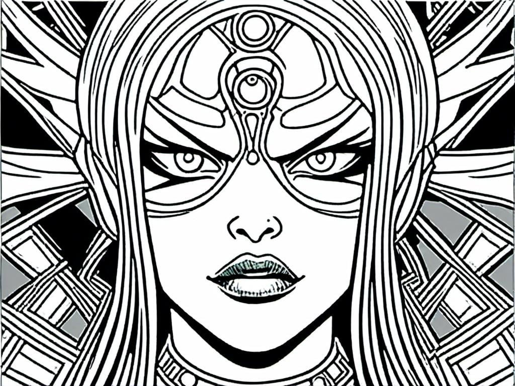 Prompt: <mymodel>detailed inked panels, special edition storytelling, high-quality, professional, real, intense actionteenage female cenobite with face covered in symmetrical metal blades and machines. insane laughter, dead, dead white eyes, Goddess of love and pain, divine madness, detailed facial expression, suspended in air by chains coming out of her body, ultra fine details, masterpiece