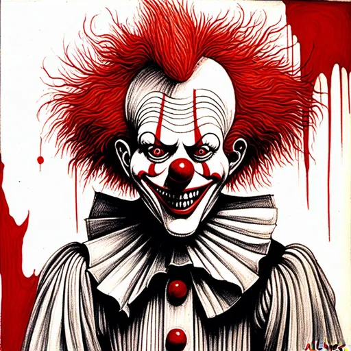Prompt: a drawing of a creepy clown with red hair and a creepy face on a white background with a red background, Alan Lee, shock art, creepy, a drawing<mymodel>