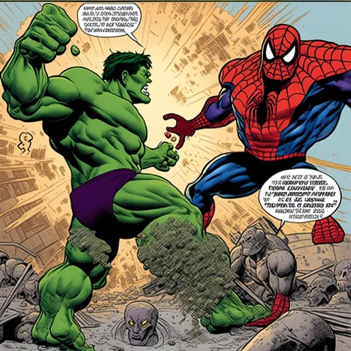 Prompt: <mymodel>Full-page comic strip of Hulk and Spiderman facing off against Thanos, dynamic action poses, vibrant colors, comic book style, high-impact lighting, detailed facial expressions, heroic and intense atmosphere, superhero battle, high quality, dynamic composition, dramatic lighting, detailed characters, intense colors