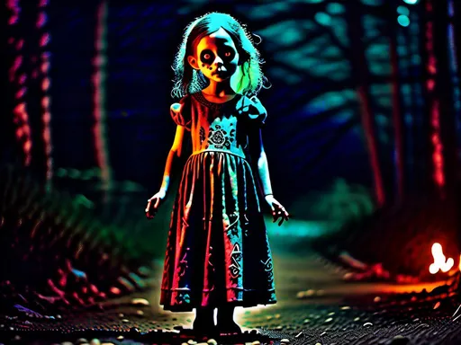 Prompt: full body shot, Little chaotic evil insane living dead girl with rotting pale flesh in a beautiful out of place dress, eerie atmospheric lighting, psychedelic  color tones, horror, detailed facial features, highres, ultra-detailed, Lovecraftian, eerie, sinister, haunting lighting, divine madness, holy killer, little Goddess of death. longing, madness, nothing love, holy death girl, smiling from ear to ear, glowing white eyes with ethereal trails, extreme emotion, If you are reading this I love you so much.<mymodel>