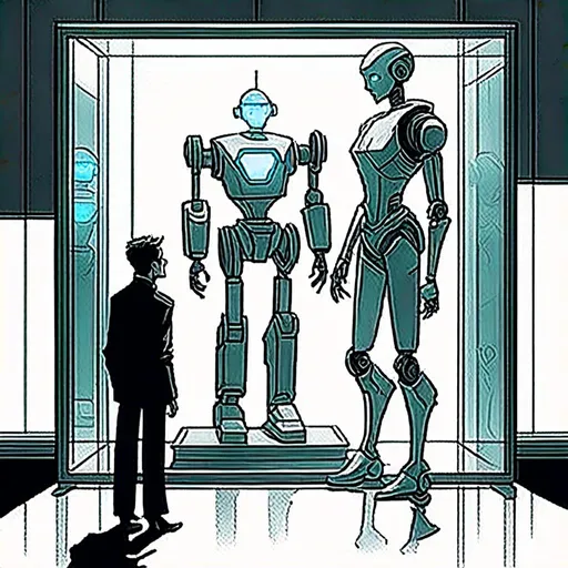 Prompt: <mymodel>storyscript, storytelling, comic of a robot standing next to a machine in a glass case with a man inside of it, Artgerm, panfuturism, ex machina, concept art