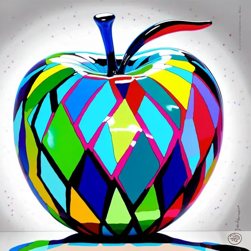 Prompt:  <mymodel>Vibrant pop art illustration of a transparent glass apple sculpture, shiny and reflective surface, bold colors, high contrast, detailed glasswork, glossy finish, artistic interpretation, modern pop art, transparent glass, vibrant colors, high quality, detailed reflections, glossy finish, striking pop art style, bold and vibrant, contemporary art, shiny surface; ce qui donne cette image 