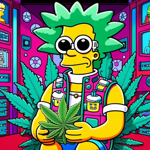 Prompt: Anime by Matt Groening, illustration of Simpson caractère with cannabis outfit  by Matt Groening; futuristic sci-fi setting, detailed characters, colorful and vibrant, highres, anime by Matt Groening, sci-fi, futuristic, detailed characters, vibrant colors, professional  Matt Groening, dynamic lighting<mymodel>