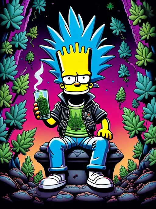 Prompt: Anime by Matt Groening, illustration of Bart Simpson with cannabis outfit  by Matt Groening; futuristic sci-fi setting, detailed characters, colorful and vibrant, highres, anime by Matt Groening, sci-fi, futuristic, detailed characters, vibrant colors, professional  Matt Groening, dynamic lighting<mymodel>