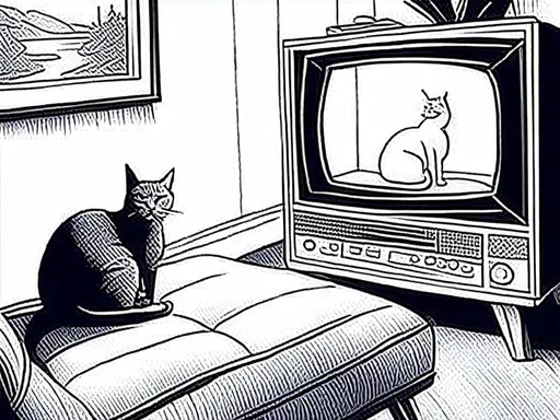 Prompt: <mymodel> a cat shows a cat on the living room television drawing of a contented cat enjoying, inked, detailed fur with subtle highlights, tranquil ambiance, high quality, charcoal drawing, realistic, detailed, contented cat, a cat shows a cat on the living room television, tranquil ambiance