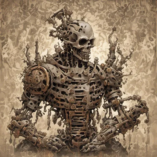 Prompt: <mymodel>Steampunk illustration of a combat machine, riveted armor plates, intricate mechanical details, industrial steampunk style, brass and copper tones, warm lighting, detailed gears and cogs, best quality, highres, ultra-detailed, steampunk, mechanical, industrial, brass tones, copper tones, riveted armor, warm lighting, combat machine, intricate design, professional