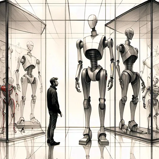 Prompt: <mymodel>a drawing of a robot standing next to a machine in a glass case with a man inside of it, Artgerm, panfuturism, ex machina, concept art