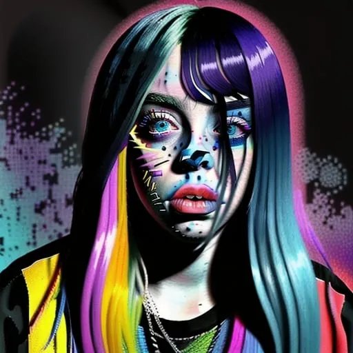 Prompt: Colorful digital illustration <mymodel>Billie Eilish - bad guy 