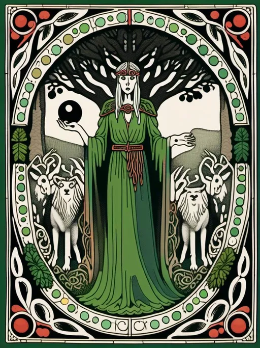 Prompt:  illustration of  la mythologie des Druides. Les Druides sont des pretresses et des preneurs de decisions en Irlande et en Gaule. Leur mythologie est remplie de créatures bizarres, de magies puissantes et de legendes folles. Ils croient en un dieu appelé Lugh, qui est le dieu de la lumiere et de la sagesse. Les Druides ont une relation unique avec la nature, ils utilisent les plantes et les animaux pour leur offrir des services spirituels et medicaux. mytholigique setting, detailed characters, colorful and vibrant, highres,etailed characters, vibrant colors, professional, dynamic lighting<mymodel>