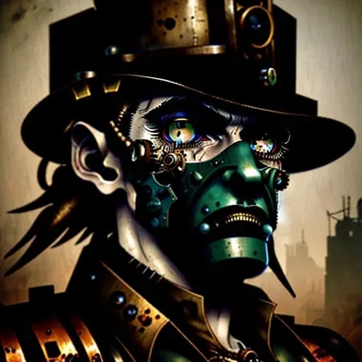 Prompt: Character portrait in steampunk artstyle, man with a weird face and nose, black nose ring, Enki Bilal, neo-primitivism, punk, detailed facial features, rusty metallic tones, industrial setting, retro-futuristic elements, steampunk aesthetic, eccentric character, highres, detailed, steampunk, rusty tones, industrial, retro-futuristic, detailed facial features, eccentric, character portrait