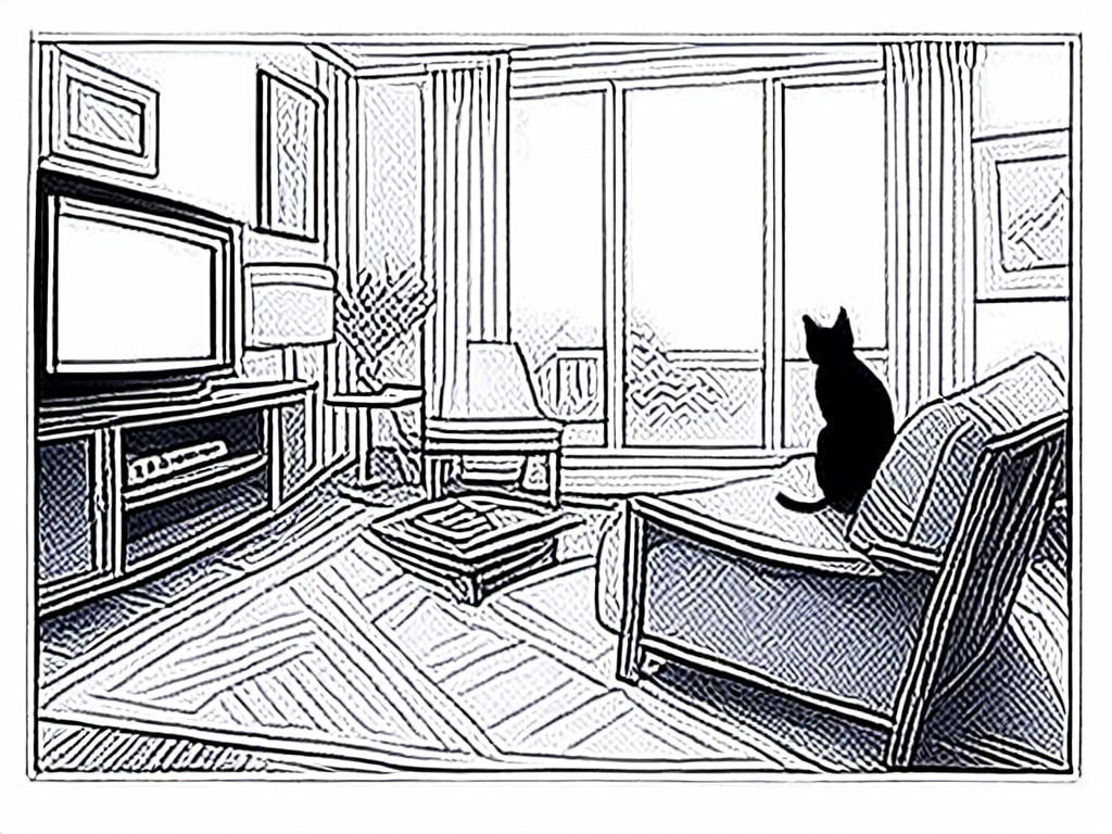 Prompt: <mymodel> a cat shows a cat on the living room television drawing of a contented cat enjoying, inked, detailed fur with subtle highlights, tranquil ambiance, high quality, charcoal drawing, realistic, detailed, contented cat, a cat shows a cat on the living room television, tranquil ambiance