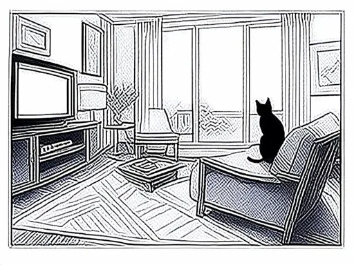 Prompt: <mymodel> a cat shows a cat on the living room television drawing of a contented cat enjoying, inked, detailed fur with subtle highlights, tranquil ambiance, high quality, charcoal drawing, realistic, detailed, contented cat, a cat shows a cat on the living room television, tranquil ambiance