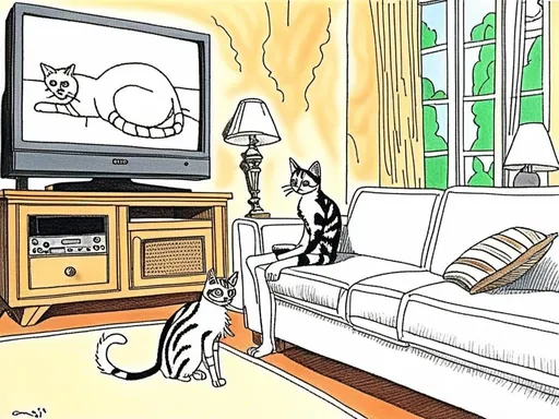 Prompt: <mymodel><mymodel> a cat shows a cat on the living room television drawing of a contented cat enjoying, inked, detailed fur with subtle highlights, tranquil ambiance, high quality, charcoal drawing, realistic, detailed, contented cat, a cat shows a cat on the living room television, tranquil ambiance