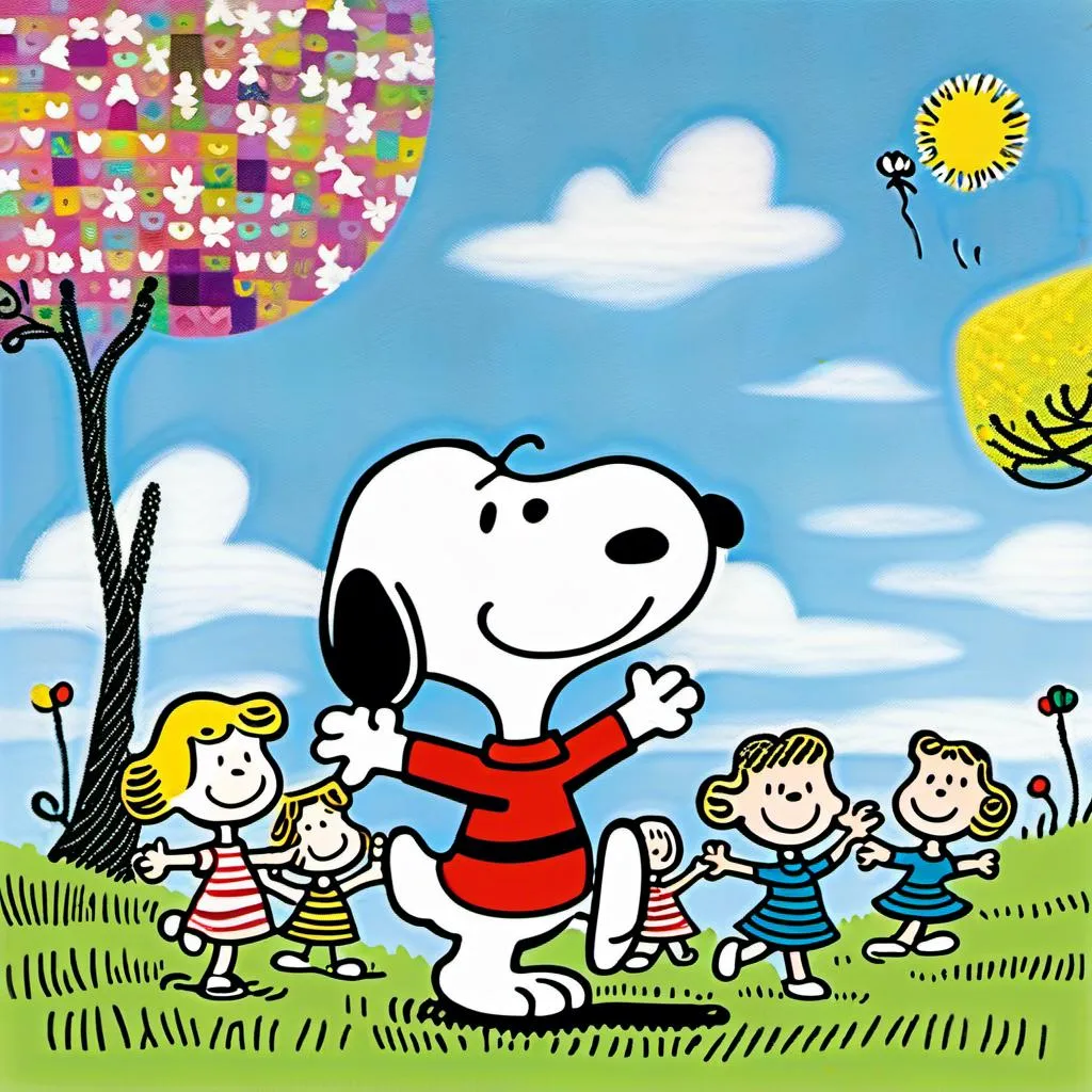 Prompt: 
Prompt : Snoopy et les Enfants Danseurs
Sujet : Deux enfants et Snoopy dansant joyeusement dans un pré fleuri.

Style :

Hommage au style iconique de Charles M. Schulz :
Lignes simples et expressives
Formes rondes et douces
Absence de perspective
Couleurs vives et primaires
Snoopy avec ses oreilles tombantes et son expression espiègle<mymodel>