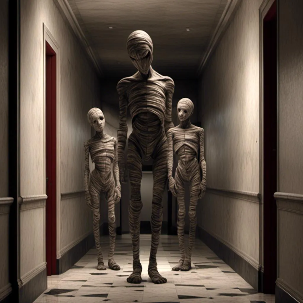 Prompt: <mymodel>a creepy looking creature with a large head and two smaller heads on his body in a hallway with a wall, shock art, hyper real, a 3D render