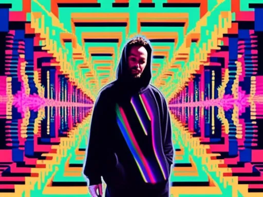 Prompt: <mymodel> full body shot, Cosmic celebration in psychedelic glitch art, glitch God, psychedelic and glitchy, cosmic drama, Insane 40 yr  glitch maker with goatee, insane laugh, glitched out eyes, black glitchy hoodie, dystopian background, cosmic giggle, divine laughter, intense facial emotions, divine madness,  glitch meme magic, strange, bizarre, weird, fine details, highest quality