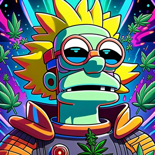 Prompt: Anime by Matt Groening, illustration of Simpson caractère with cannabis outfit  by Matt Groening; futuristic sci-fi setting, detailed characters, colorful and vibrant, highres, anime by Matt Groening, sci-fi, futuristic, detailed characters, vibrant colors, professional  Matt Groening, dynamic lighting<mymodel>