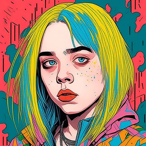 Prompt: Colorful digital illustration <mymodel>Billie Eilish - bad guy 