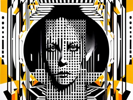 Prompt: Op art, collage, goldblocks, brutalism, arabic calligraphy graffiti black and white portrait by christian hilfgott brand, behance contest winner, pop surrealism, behance hd, dc comics, reimagined by industrial light and magic gold and epic<mymodel>