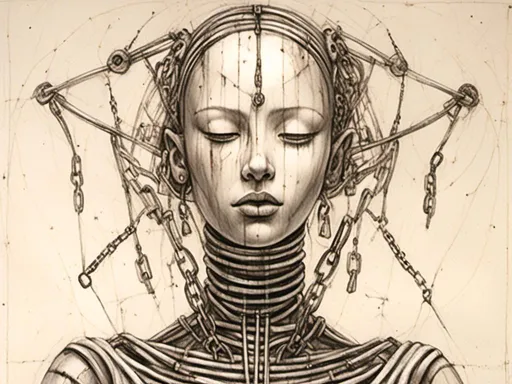 Prompt: <mymodel> teenage female cenobite with face covered in symmetrical metal blades and machines. insane laughter, dead, dead white eyes, Goddess of love and pain, divine madness, detailed facial expression, suspended in air by chains coming out of her body, ultra fine details, masterpiece